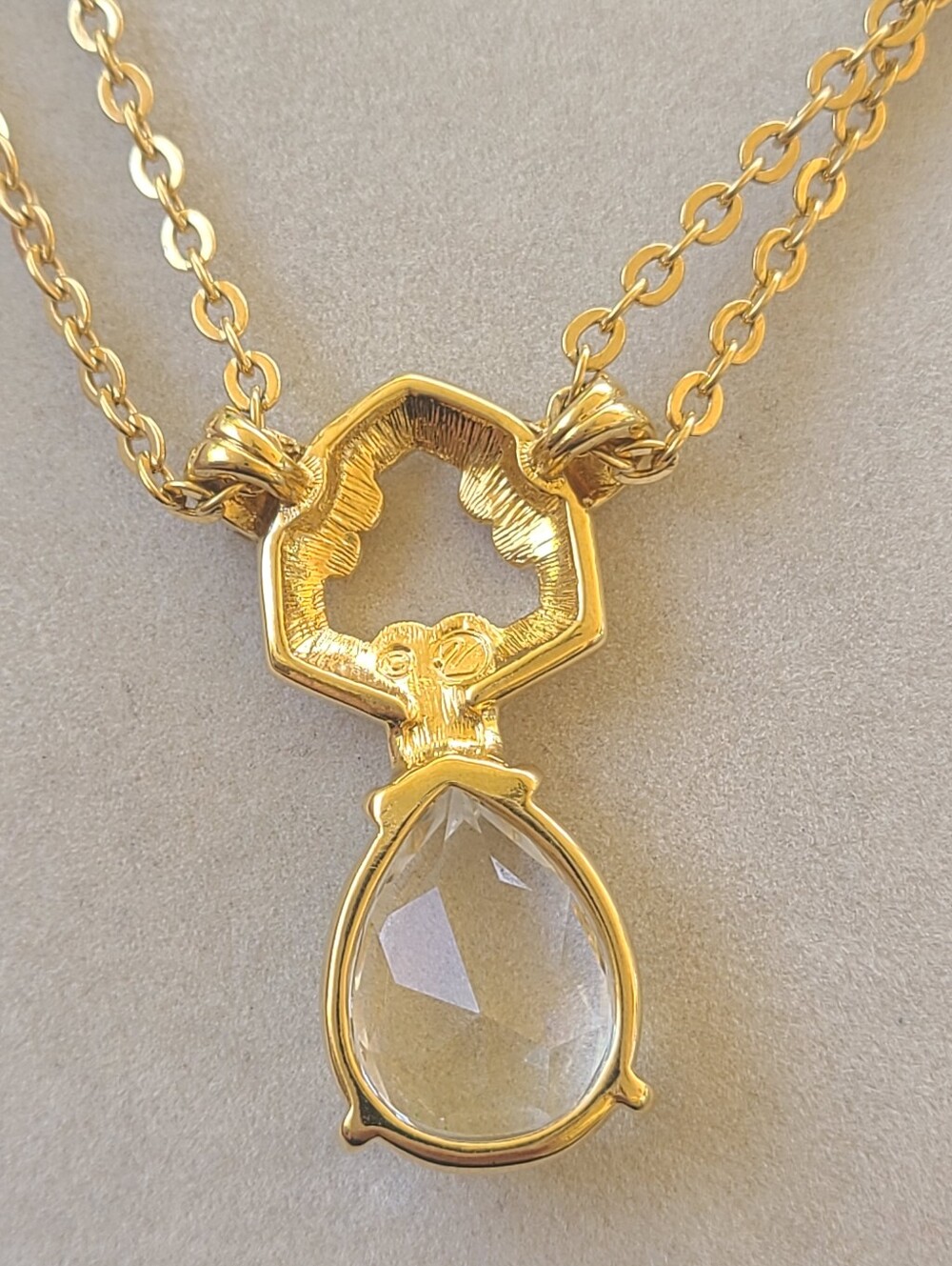 Swarovski Gold Toned Double-Chain Necklace Clear Teardrop Crystal- Excellent Vin - Picture 3 of 7
